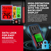 A digital wood moisture meter displays readings on a backlit LCD screen with a data lock feature.