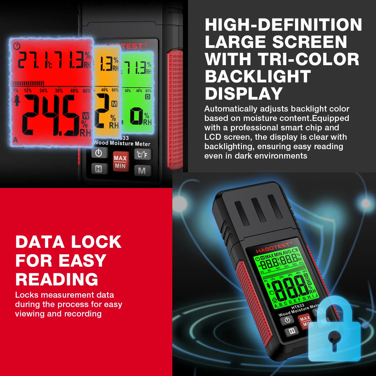 A digital wood moisture meter displays readings on a backlit LCD screen with a data lock feature.