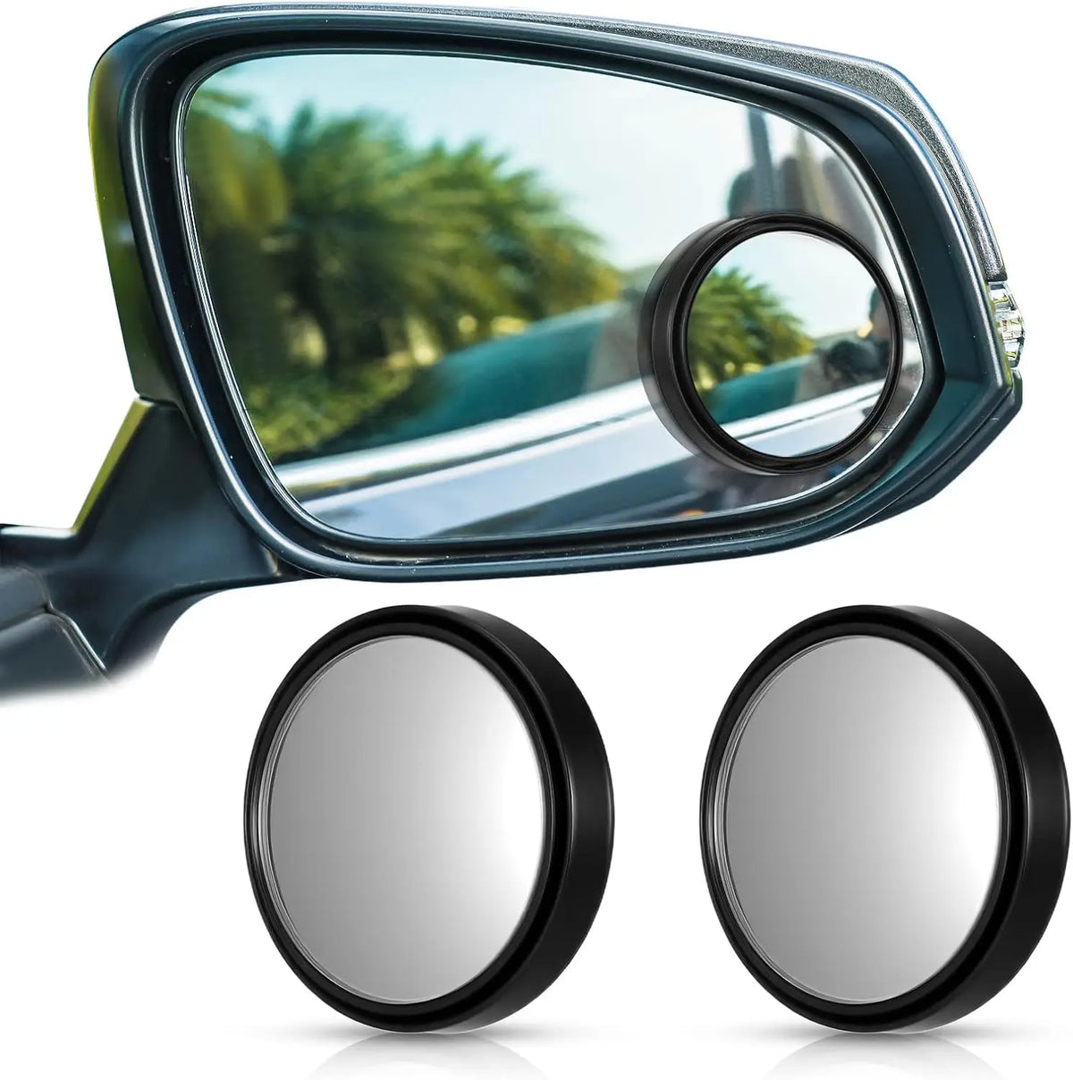 A pair of wide angle 360° adjustable car blind spot mirrors in a dark teal color.