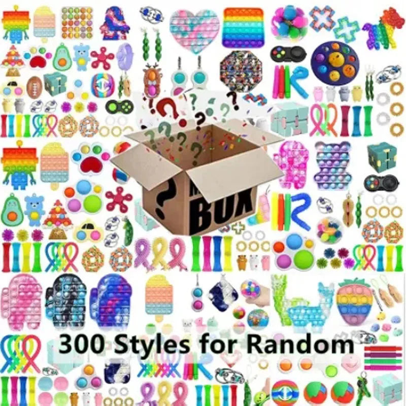 A colorful box filled with 300 styles of random fidget toys and stress relief items.