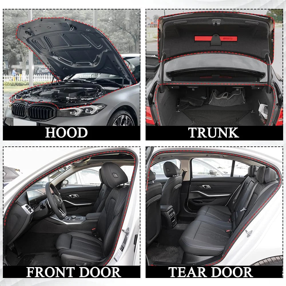 Images showing various rubber seal strips for car doors including the hood, trunk, front door, and tear door.