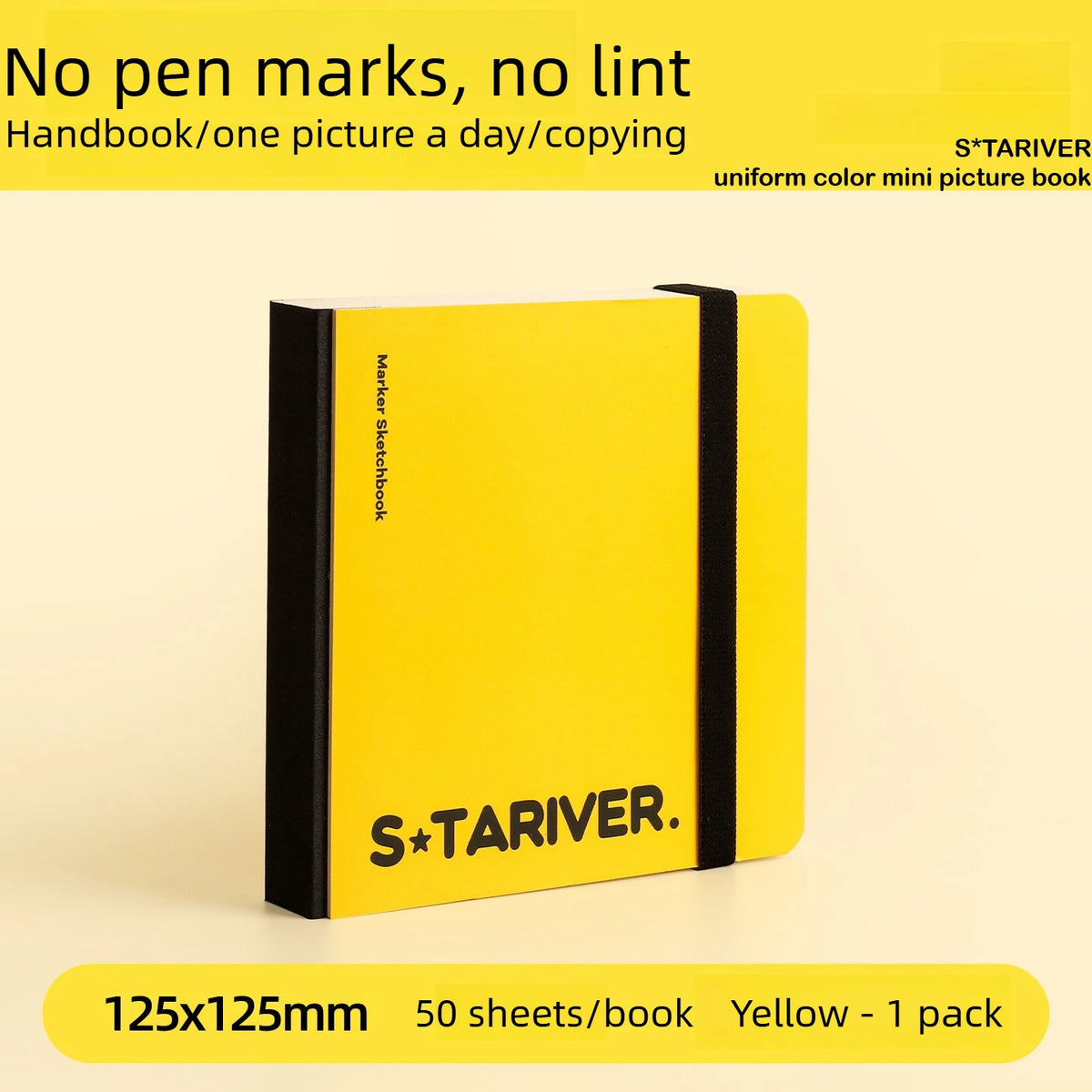 A yellow sketchbook titled S*TARIVER with black accents, shown on a light background.