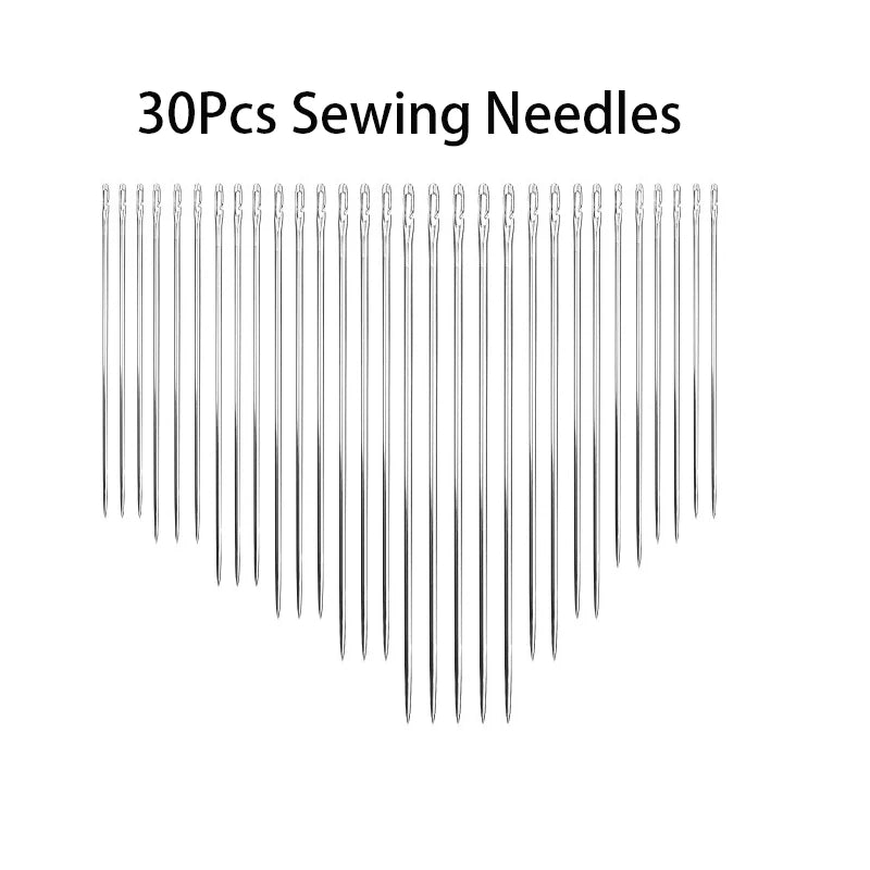 A set of thirty self-threading sewing needles arranged vertically.