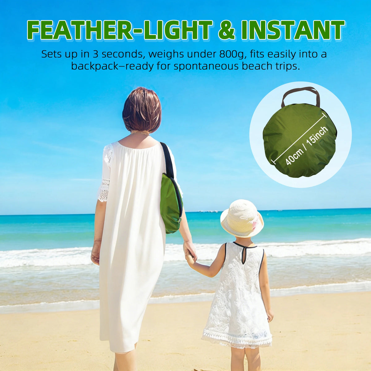 A woman and a child are walking on the beach with a green pop-up tent.
