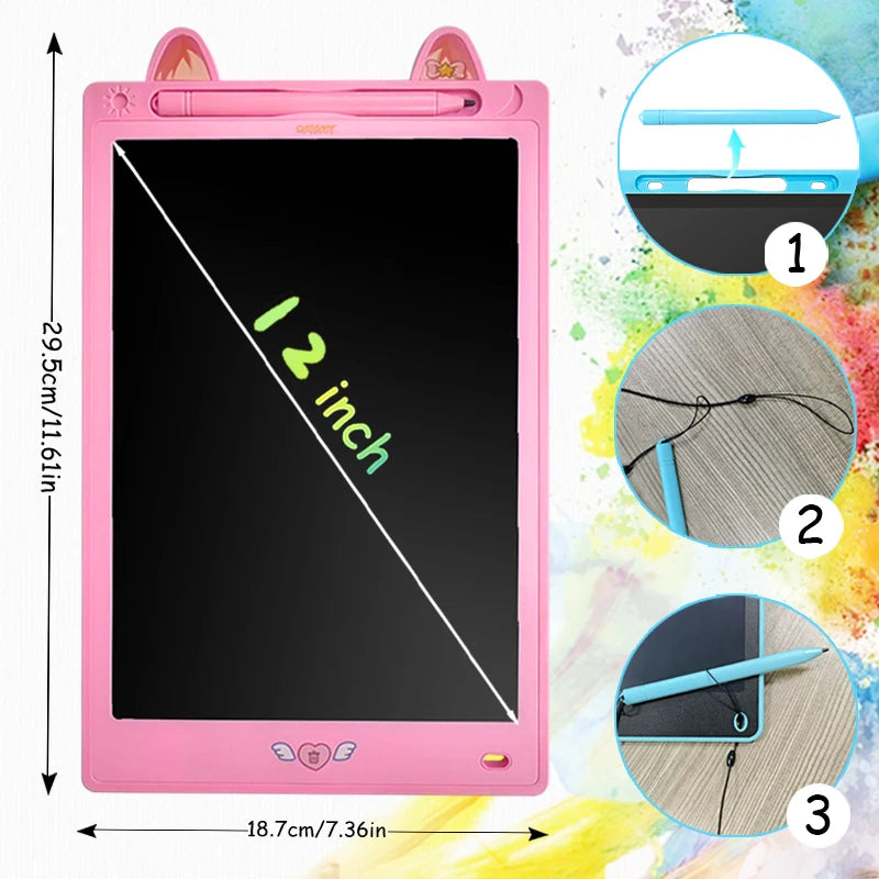 Pink LCD writing tablet for kids showing a screen with a diagonal line and stylus pen examples.