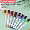 An assortment of eight magnetic whiteboard markers in various colors are displayed on a light green background.