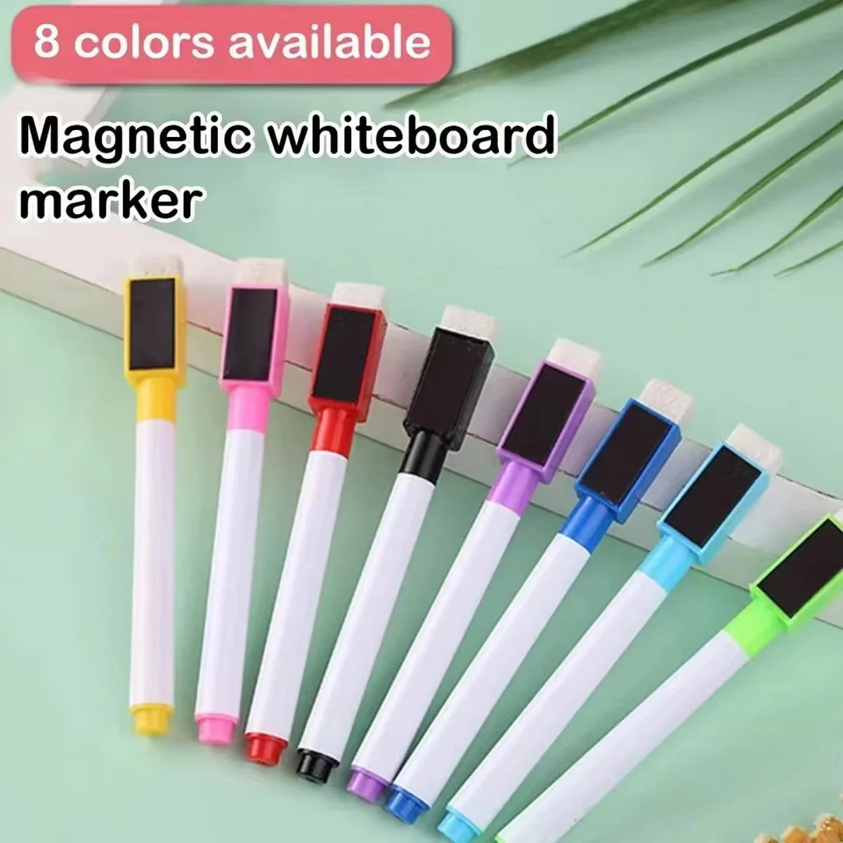 An assortment of eight magnetic whiteboard markers in various colors are displayed on a light green background.