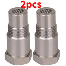 A pair of stainless steel oxygen sensor adapters for O2 sensors, packaged as a 2-pack.
