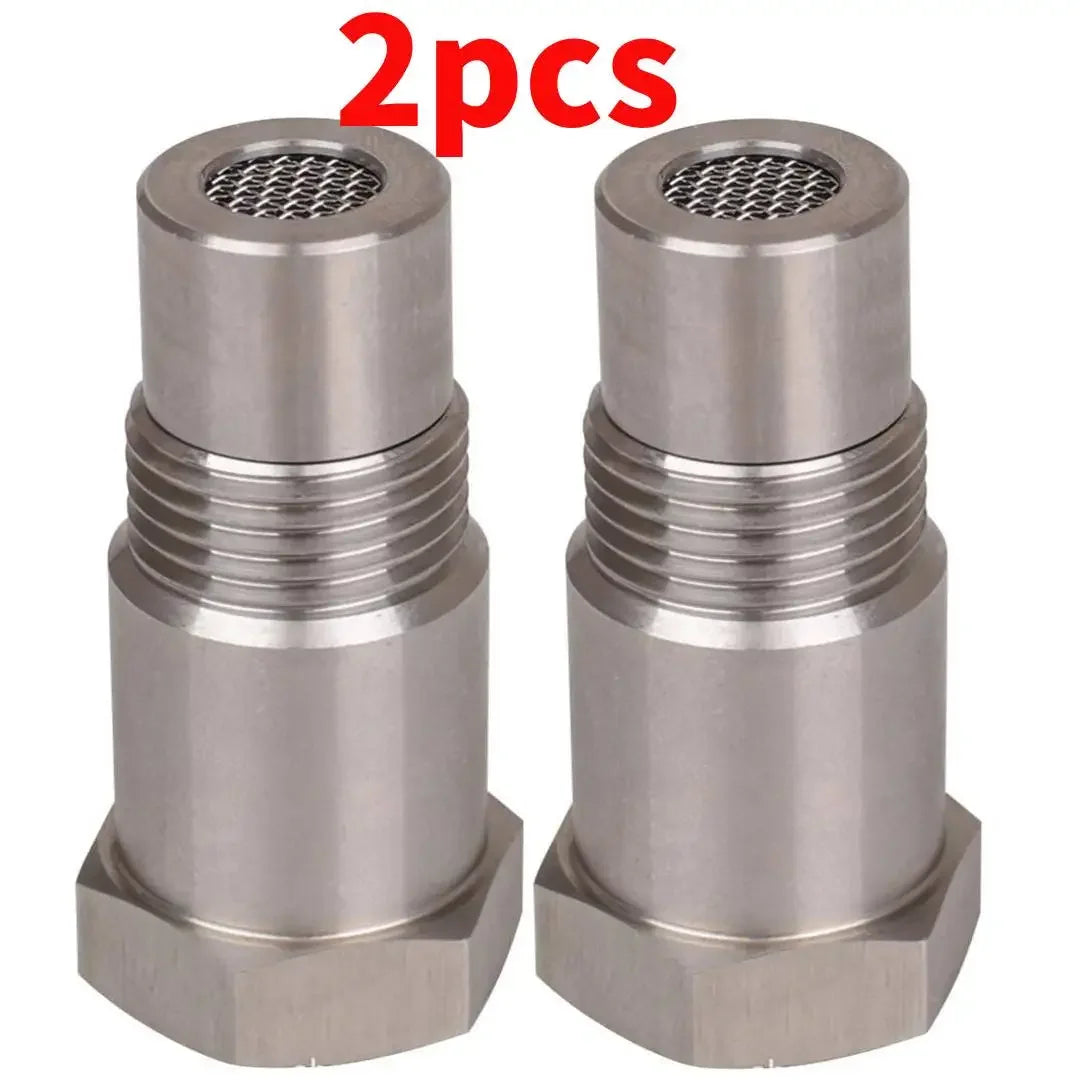 A pair of stainless steel oxygen sensor adapters for O2 sensors, packaged as a 2-pack.