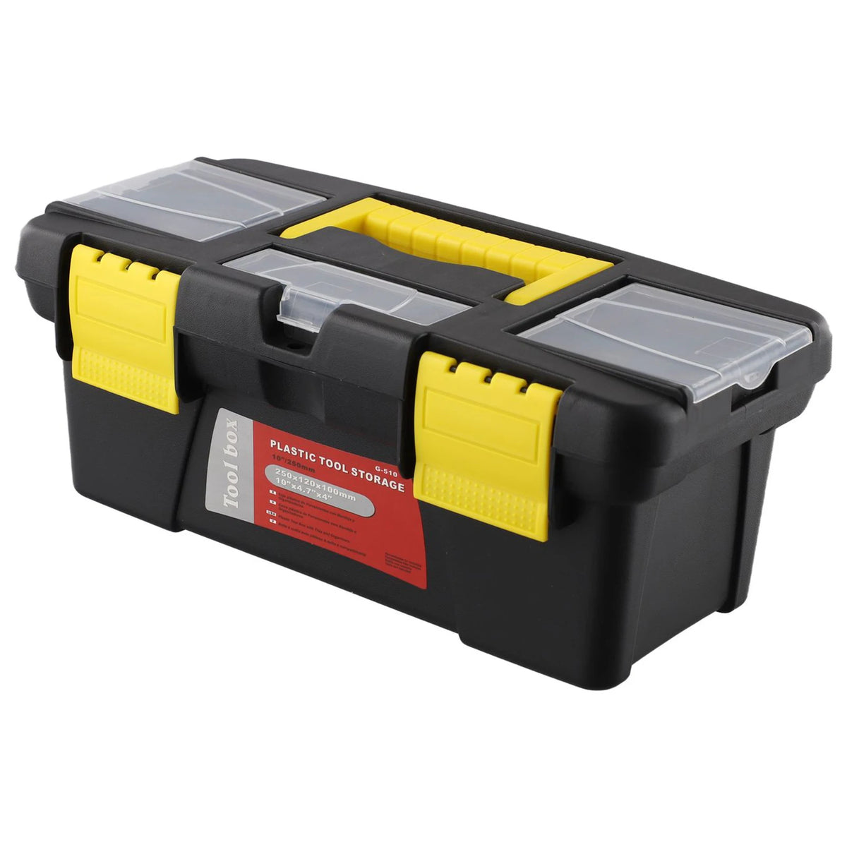 Black plastic toolbox with yellow latches and clear plastic compartments for tool storage