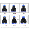 A set of pneumatic quick push-in fittings for air compressor tubing shown in various sizes PY-4, PY-6, PY-8, PY-10, PY-12, an
