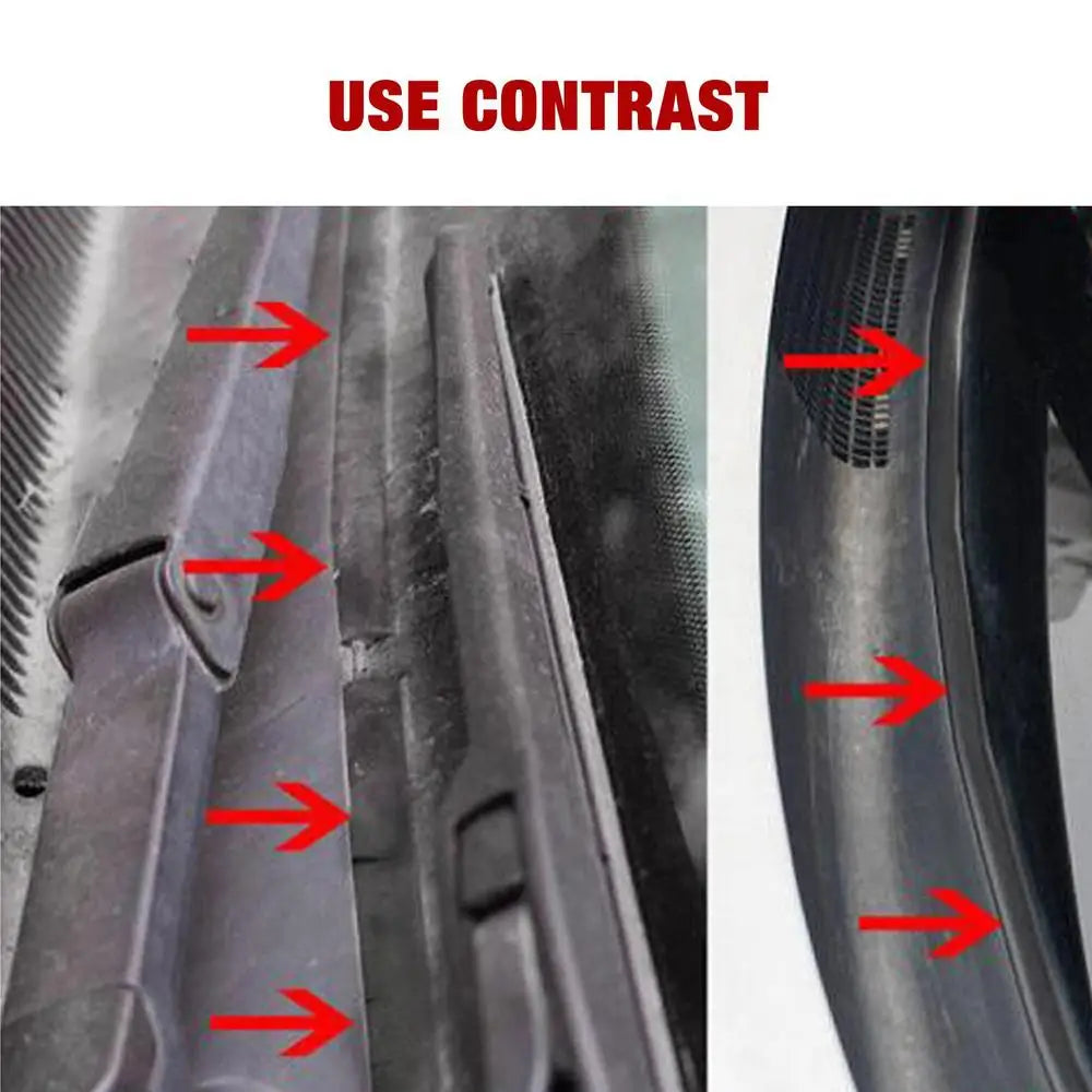 Close-up view showing the contrast of a flexible rubber windshield seal strip used for noise and water reduction.