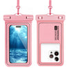 A pink waterproof floating phone case with a detachable strap shown next to a smartphone.
