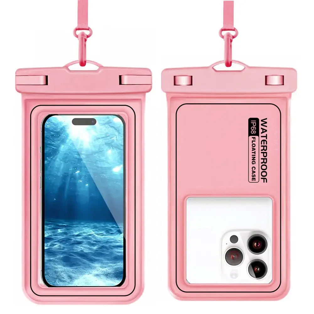 A pink waterproof floating phone case with a detachable strap shown next to a smartphone.