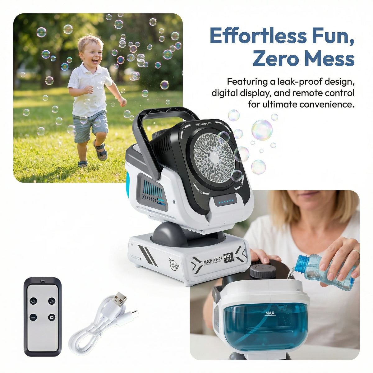 A white bubble machine with a transparent tank and accessories is shown next to a person using it.