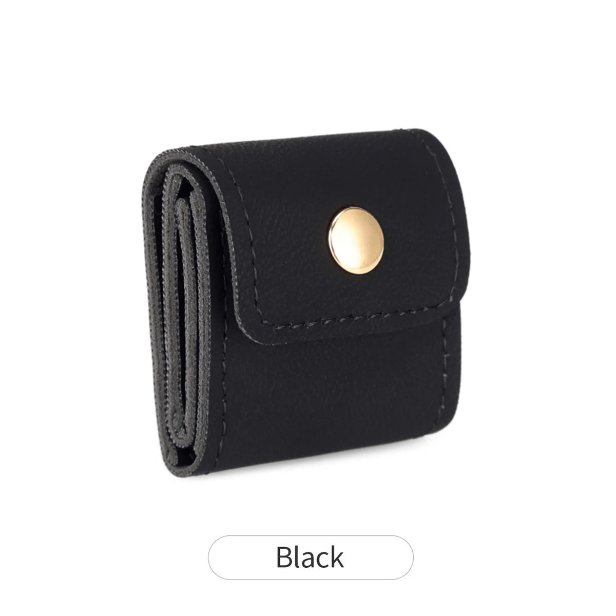 Black compact PU leather jewelry organizer pouch with a gold accent.