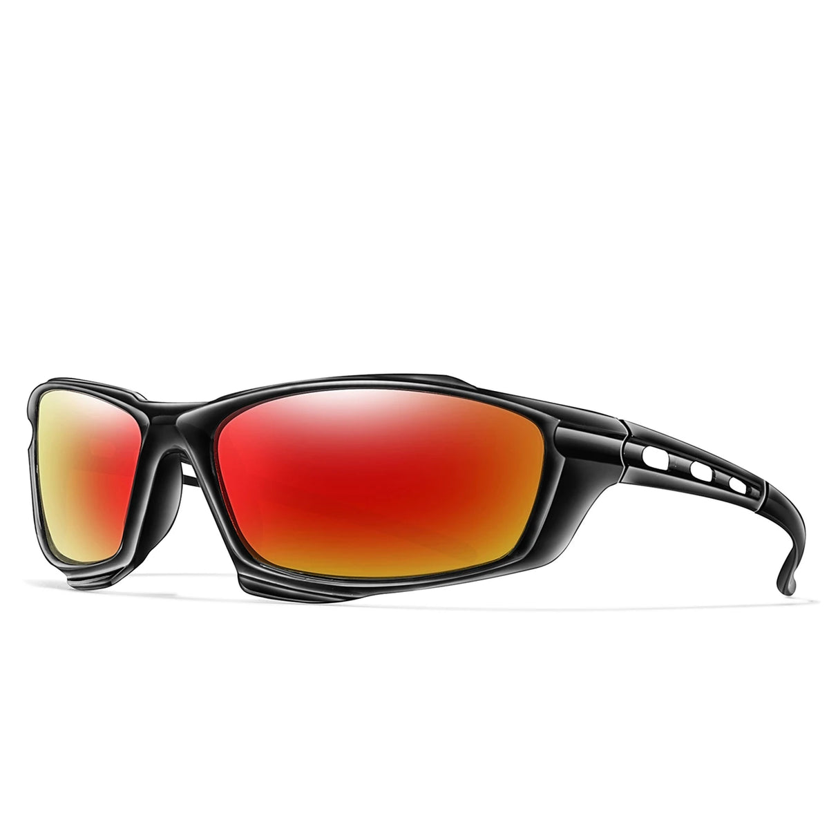A pair of black polarized sports sunglasses with orange-tinted lenses shown against a white background.