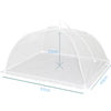 A translucent white collapsible mesh food cover shaped like a dome, shown with dimensions.