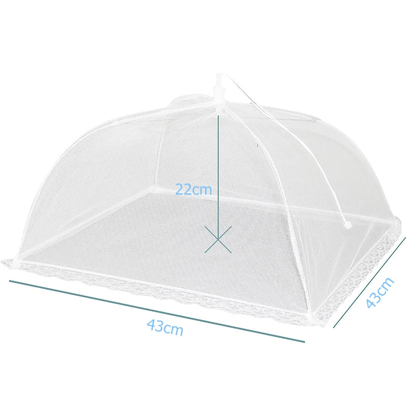 A translucent white collapsible mesh food cover shaped like a dome, shown with dimensions.