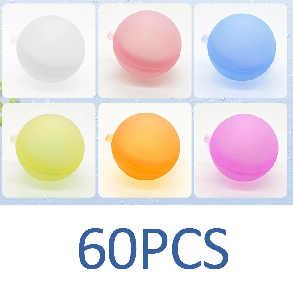 A collection of 60 reusable splash water balloons in various colors including white, pink, blue, yellow, and orange.