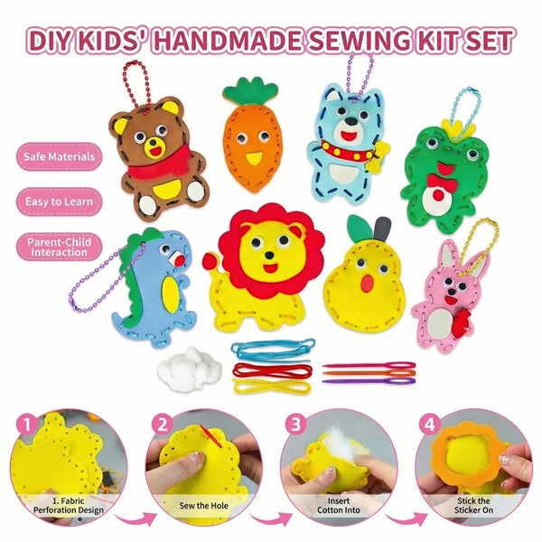 A DIY kids handmade sewing kit set featuring various EVA animals and tools for crafting