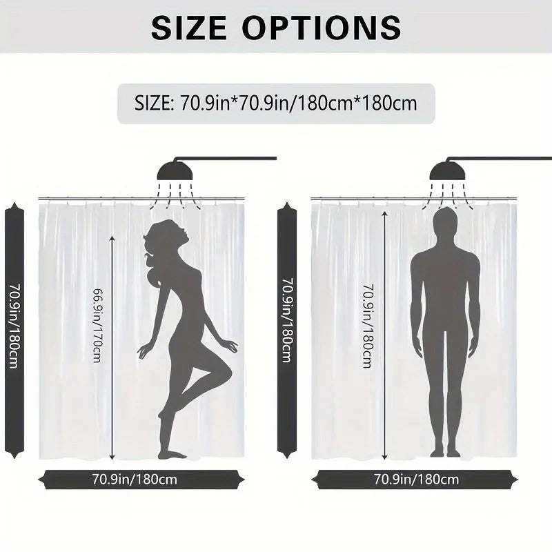 A set of white shower curtains with a plaid design shown in various sizes and dimensions.