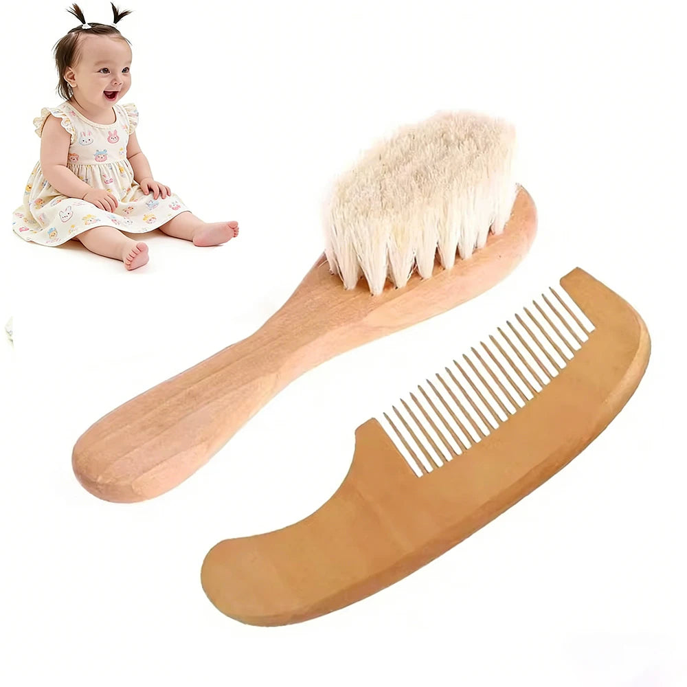 Natural Beech Wood Baby Brush and Comb Set with Soft Wool Bristles