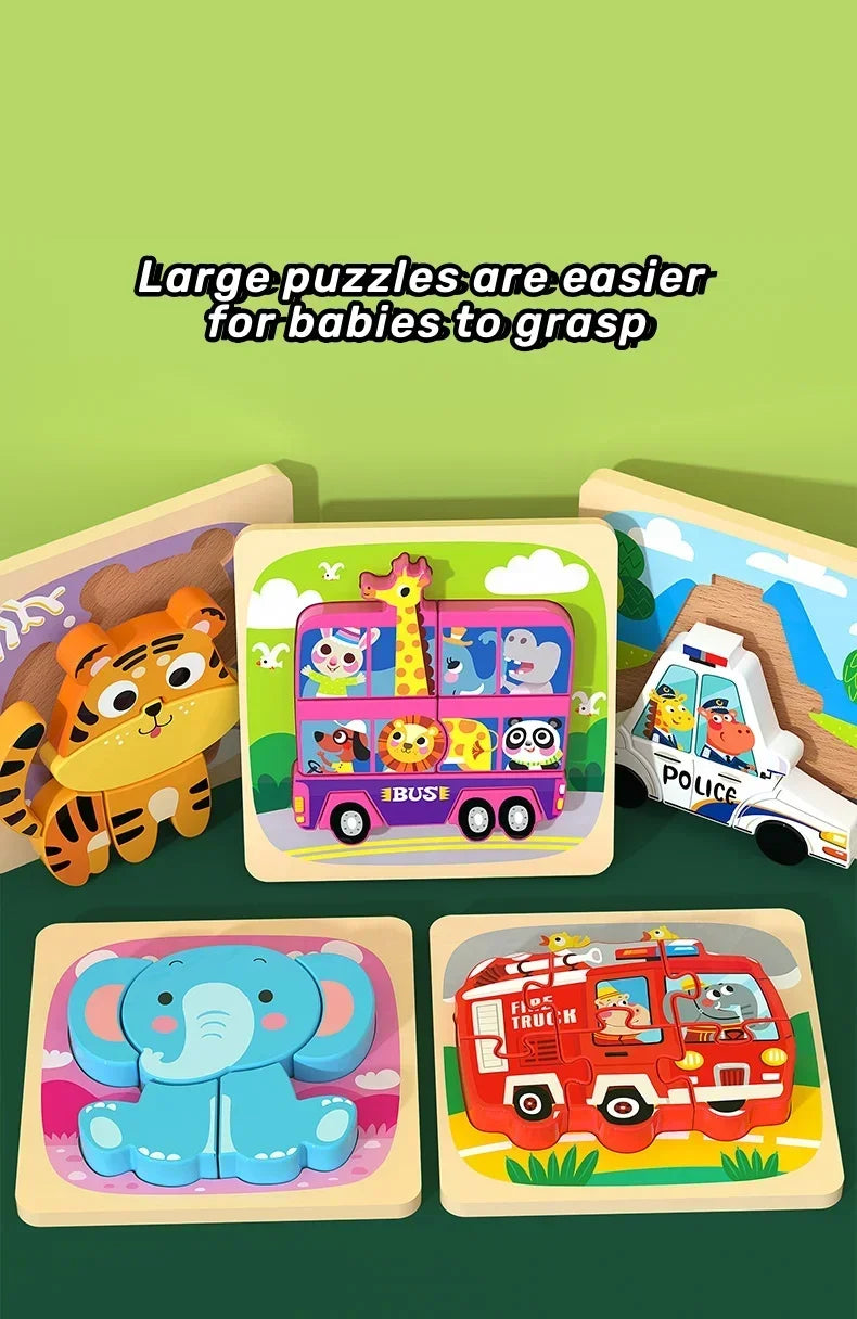 A set of large wooden puzzles featuring cartoon animals and traffic shapes for babies to grasp.