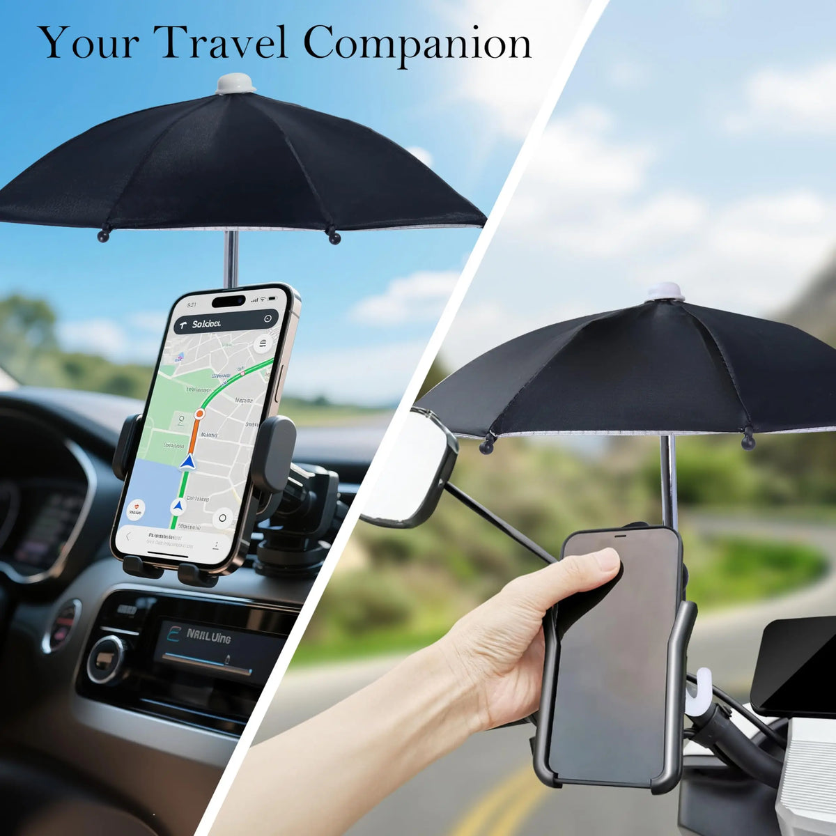 A hand holds a smartphone under a black umbrella stand in a car, used as a travel companion.
