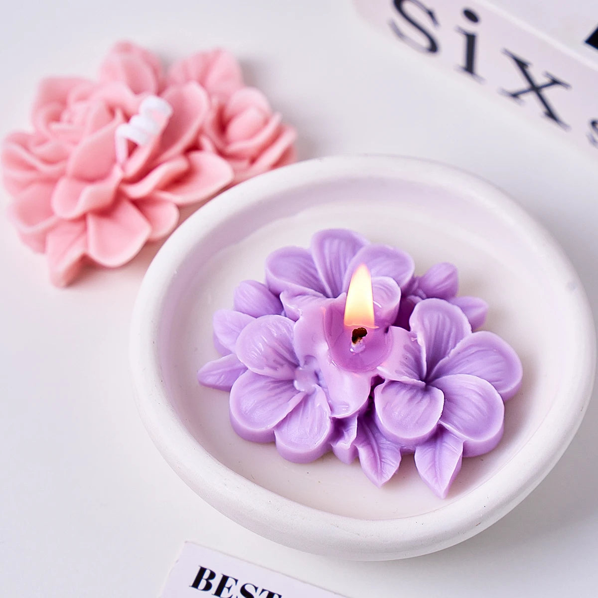 Purple frangipani gardenia flower silicone mold used for making candles and soap