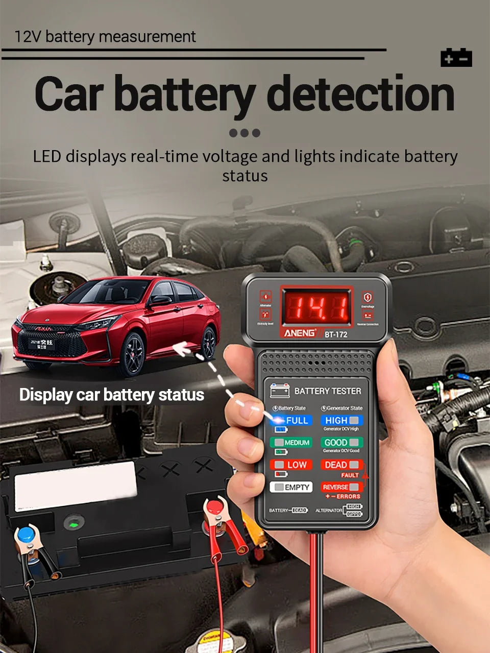 A hand holds a red 12V car battery detection tester with an LED display, connected to a vehicle's electrical system.