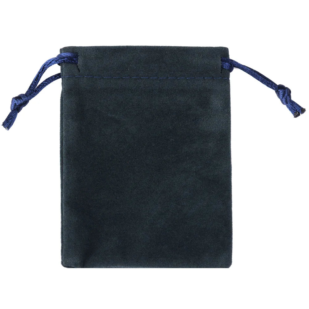 A dark gray velvet drawstring pouch with blue cord, used for jewelry storage or gifts.