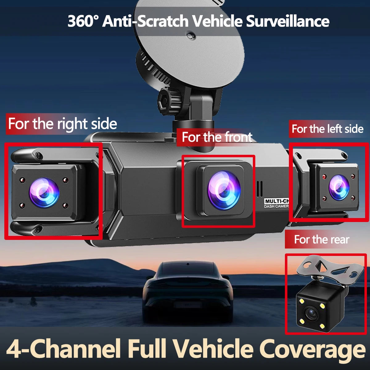 A multi-lens dash cam is shown with various mounting options for the front, right side, left side, and rear of a vehicle.