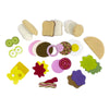 A collection of felt food play pieces including a burger, sandwich, bread slices, and various colored shapes.