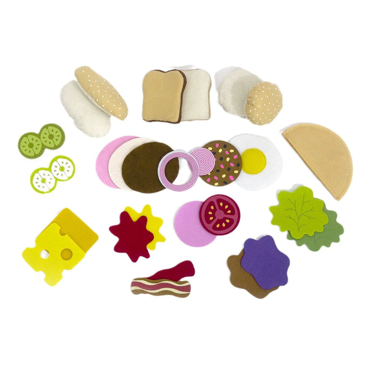 A collection of felt food play pieces including a burger, sandwich, bread slices, and various colored shapes.