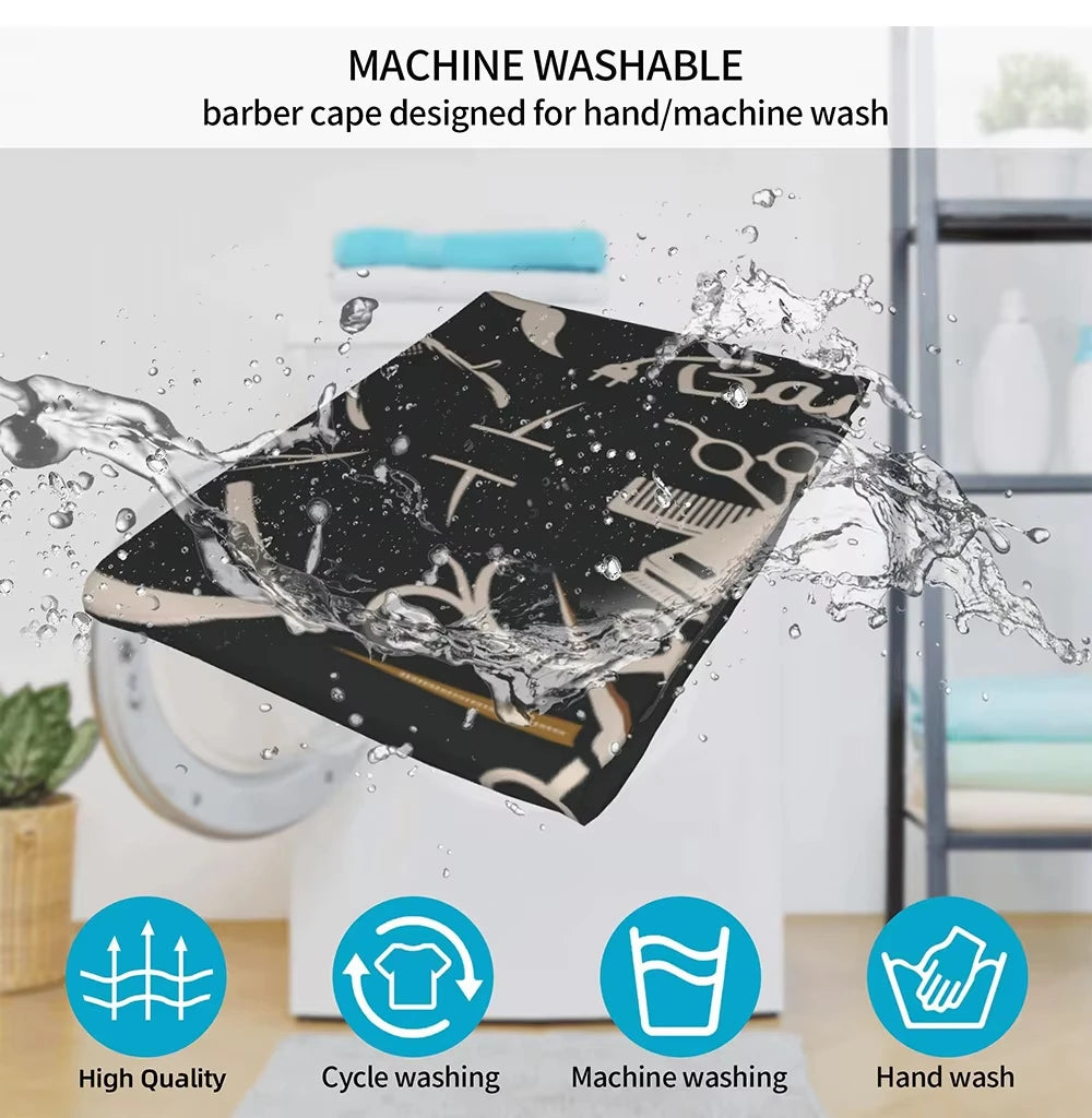 A black waterproof barber cape is shown being washed by water, illustrating its suitability for hand and machine washing.