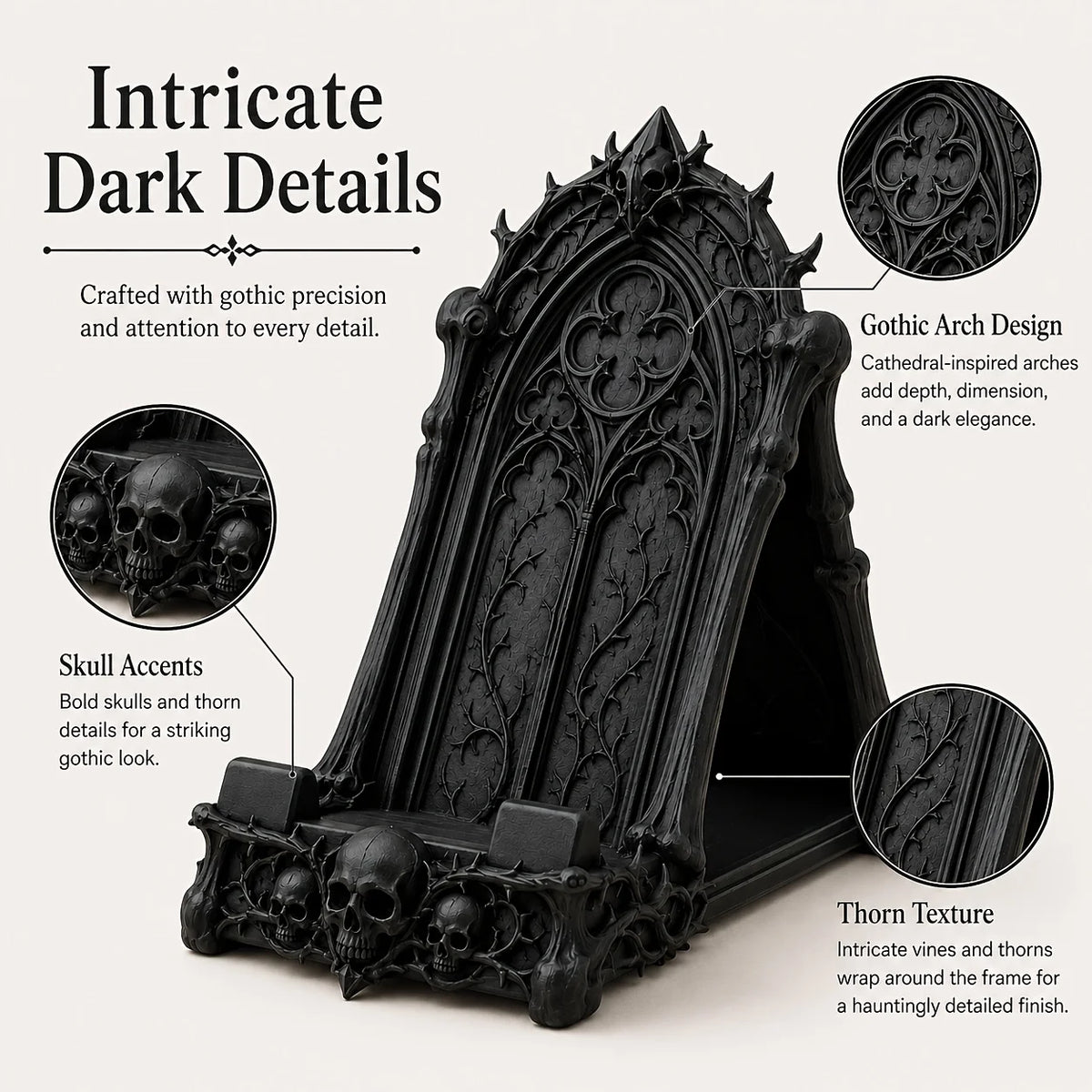 A black gothic arch design phone stand featuring intricate dark details, skulls, and thorn texture.