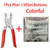 A set of pliers and fifty colorful metal buttons for sewing and DIY projects