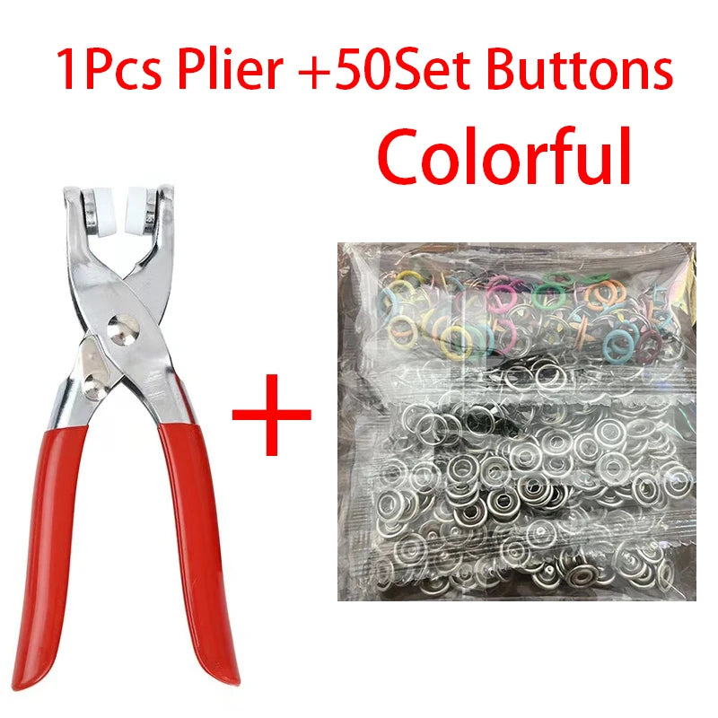 A set of pliers and fifty colorful metal buttons for sewing and DIY projects