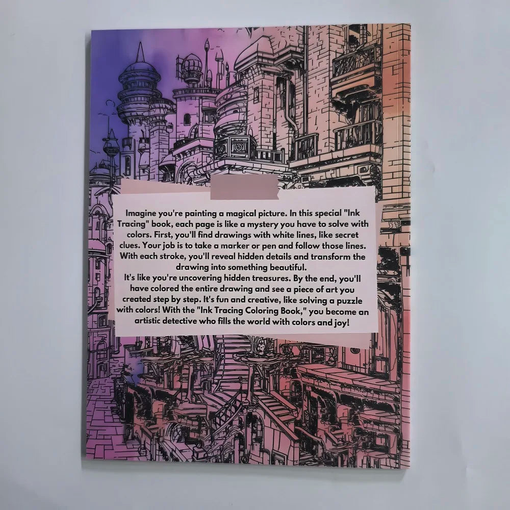 Page d'un livre de coloriage au trait Ink Tracing, montrant un dessin détaillé d'un paysage urbain.