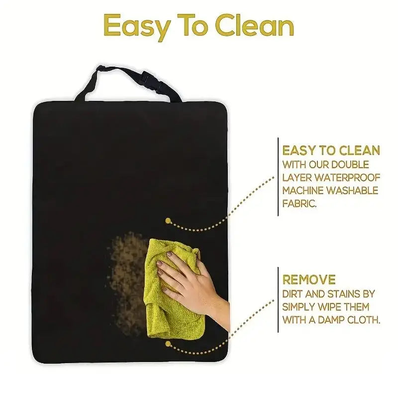 Black waterproof car seat back kick protector fabric with instructions for easy cleaning