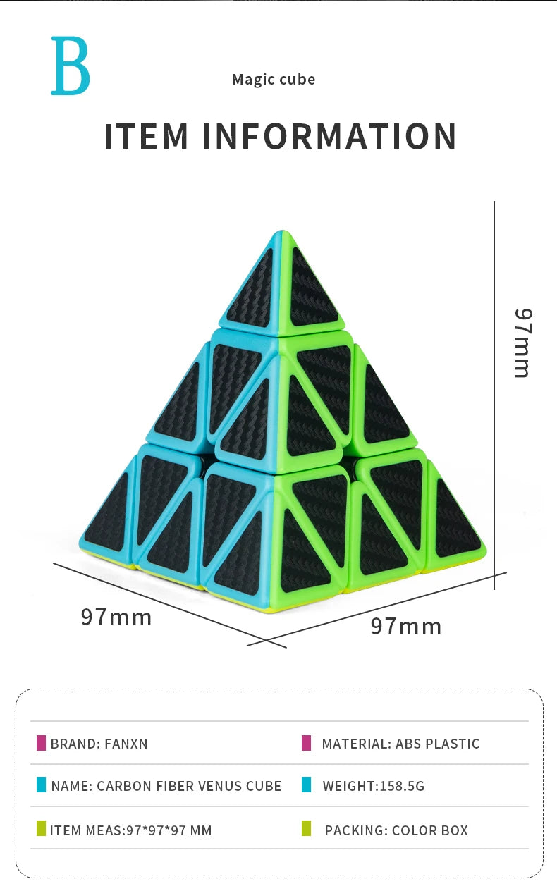A green and black magnetic pyramid speed cube with a triangular shape shown from above.