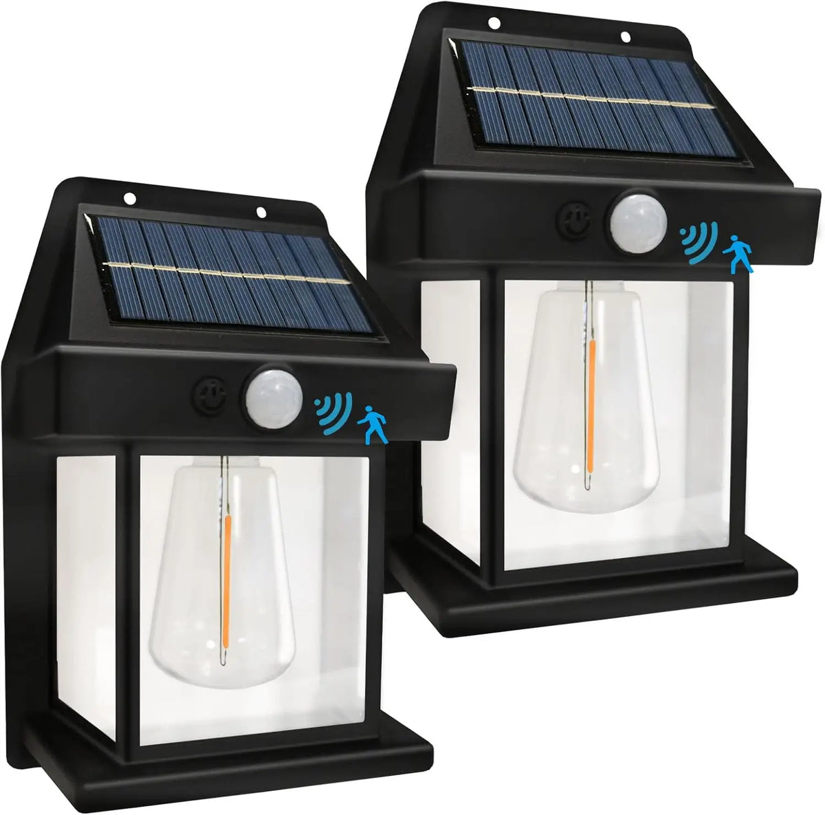 A black outdoor wall light fixture with a solar panel and motion sensor, featuring a clear glass globe.