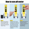 Instructions for using a digital pH meter to test water, showing the device and steps.