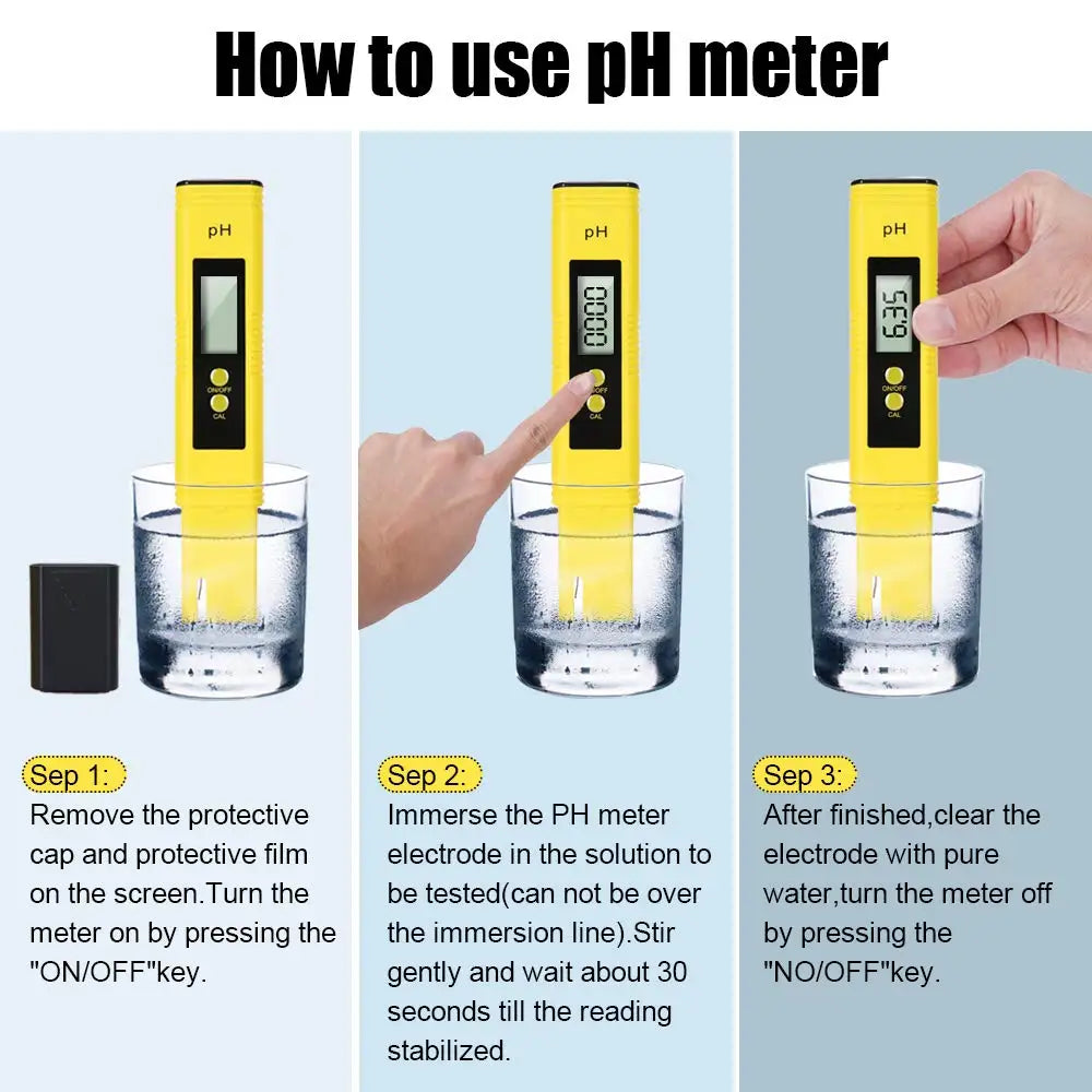Instructions for using a digital pH meter to test water, showing the device and steps.