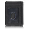 Black slim leather wallet with an RFID blocking feature and a clear window.