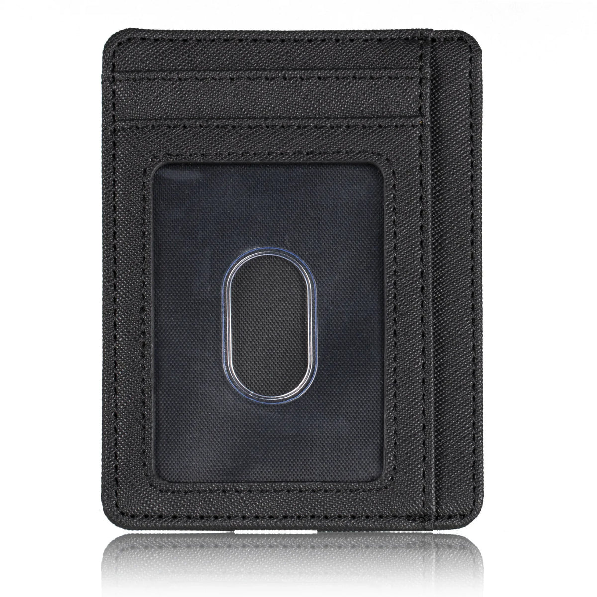 Black slim leather wallet with an RFID blocking feature and a clear window.