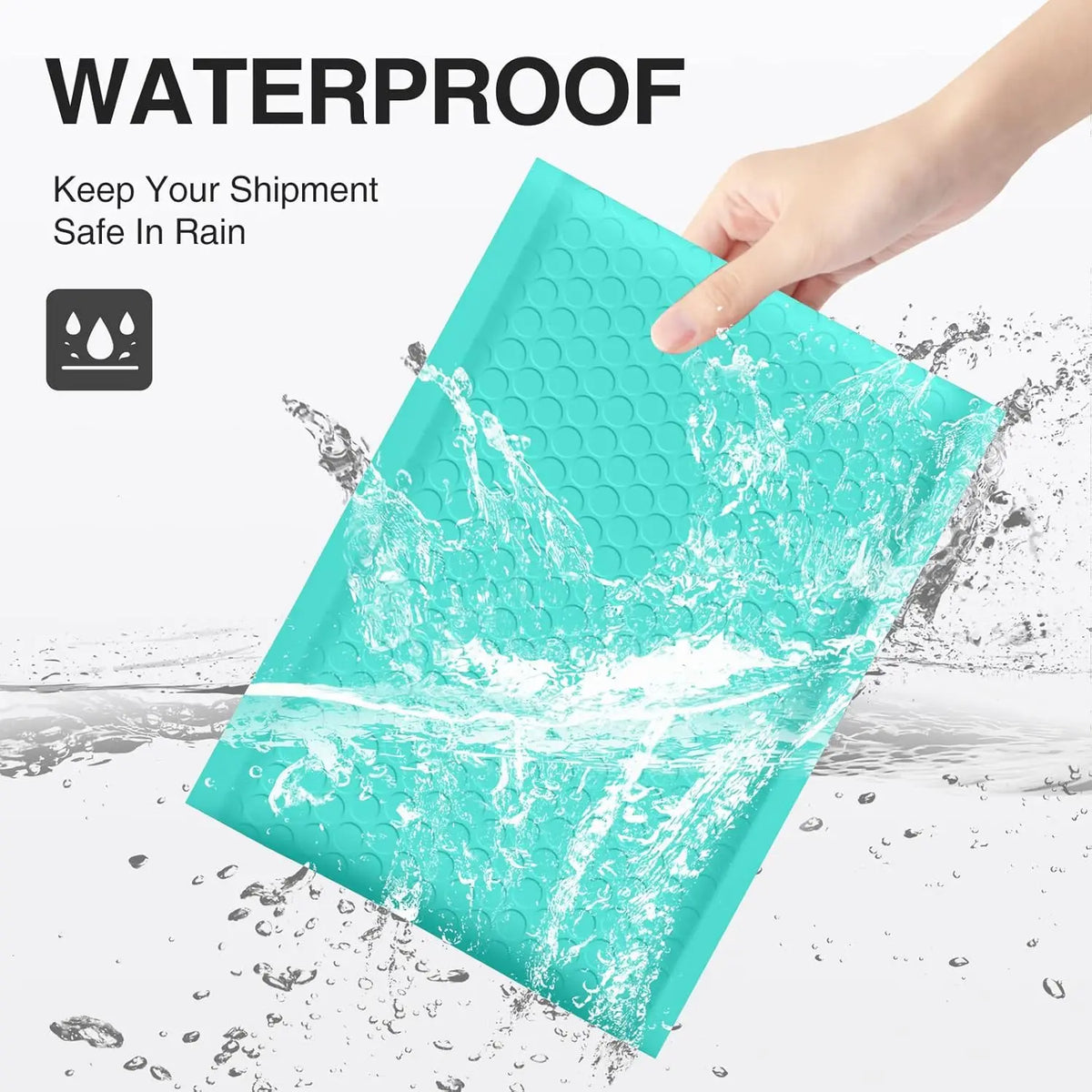 A hand holds a teal waterproof padded bubble mailer, demonstrating its protection against water spray.