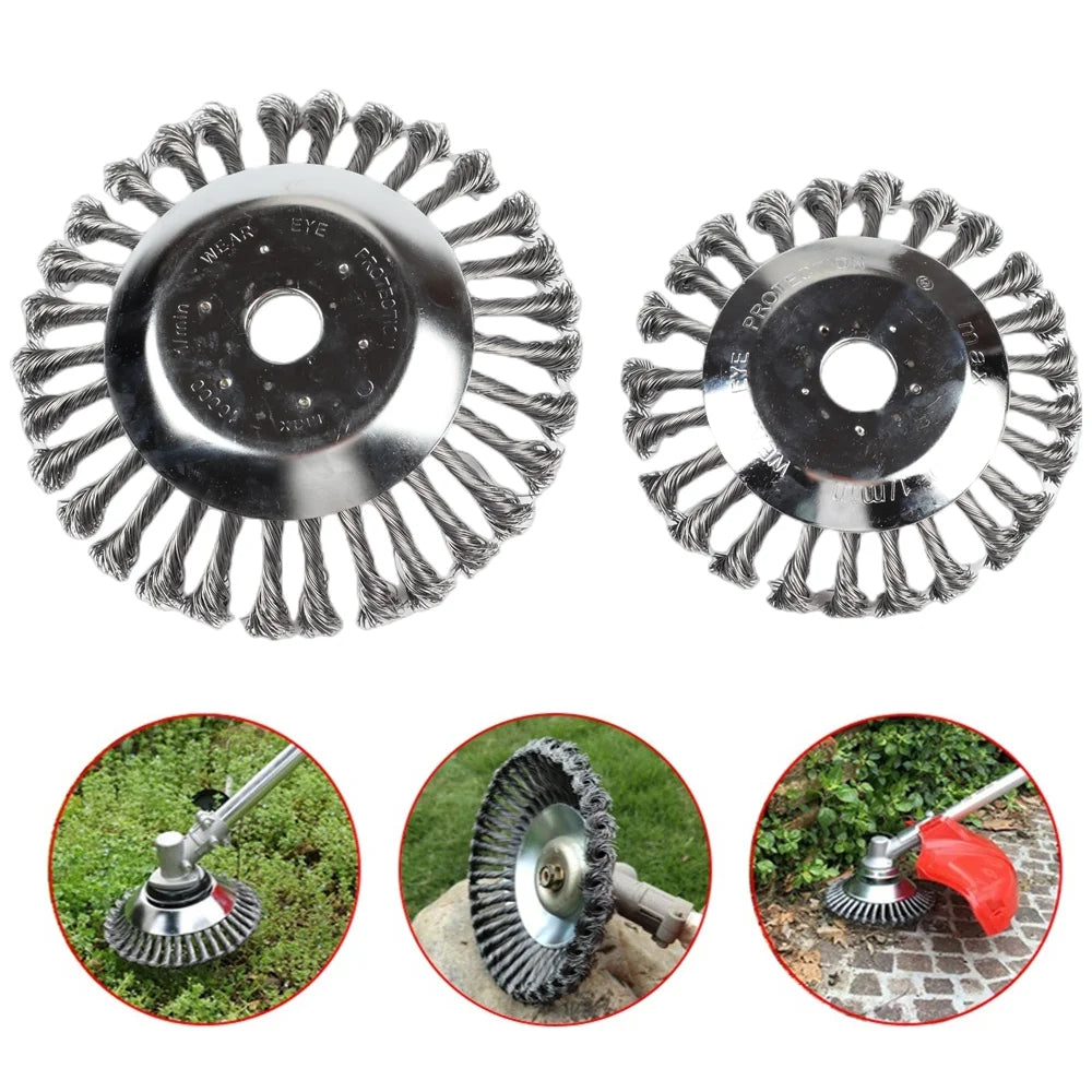 Carbon steel wire trimmer head with multiple rotating wires shown in various angles.