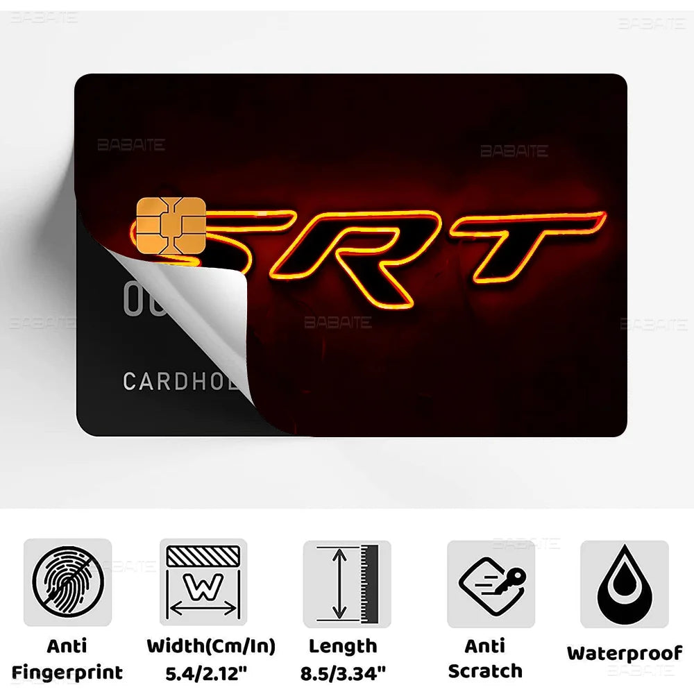 A black card with an orange glowing SRT logo design and various protective features listed below.